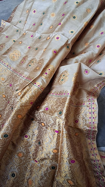 Premium Assam Tussar by Tussar Saree with Goona Zari & Three-Colour Meena Work Premium Assam Tussar by Tussar Saree with Goona Zari & Three-Colour Meena Work