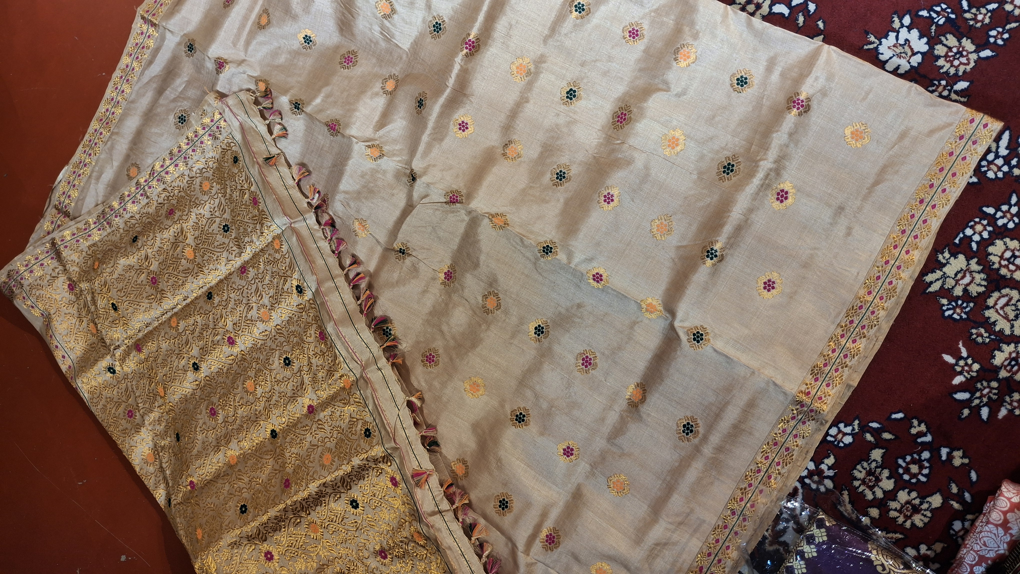 Premium Assam Tussar by Tussar Saree with Goona Zari & Three-Colour Meena Work Premium Assam Tussar by Tussar Saree with Goona Zari & Three-Colour Meena Work