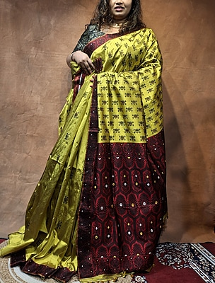 Assam Paat Silk Saree – Greenish Mustard with Contrast Red & Black Border