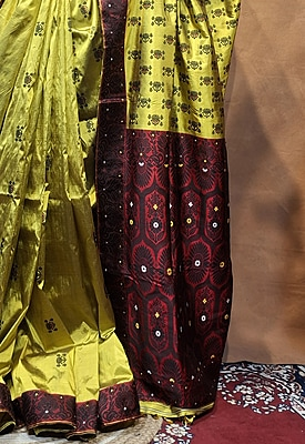 Assam Paat Silk Saree – Greenish Mustard with Contrast Red & Black Border Assam Paat Silk Saree – Greenish Mustard with Contrast Red & Black Border