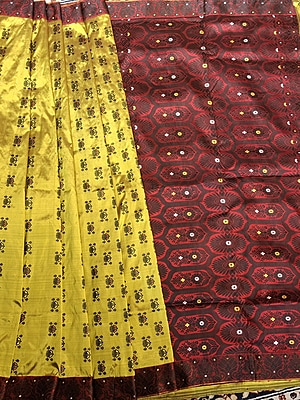 Assam Paat Silk Saree – Greenish Mustard with Contrast Red & Black Border Assam Paat Silk Saree – Greenish Mustard with Contrast Red & Black Border
