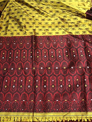 Assam Paat Silk Saree – Greenish Mustard with Contrast Red & Black Border Assam Paat Silk Saree – Greenish Mustard with Contrast Red & Black Border