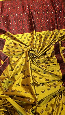 Assam Paat Silk Saree – Greenish Mustard with Contrast Red & Black Border Assam Paat Silk Saree – Greenish Mustard with Contrast Red & Black Border