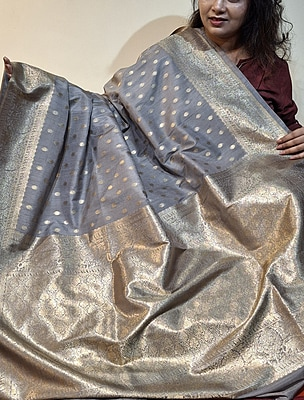 Elegant Grey Banarasi Saree in Semi Katan with Rich Golden Zari Elegant Grey Banarasi Saree in Semi Katan with Rich Golden Zari
