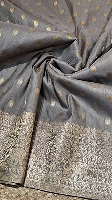 Elegant Grey Banarasi Saree in Semi Katan with Rich Golden Zari Elegant Grey Banarasi Saree in Semi Katan with Rich Golden Zari
