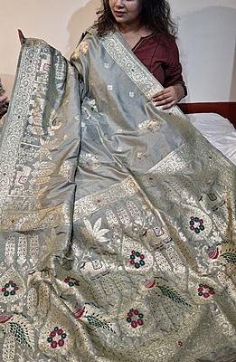 Powder Grey Banarasi Saree with Golden Zari & Meena Elephant-Peacock Motifs Powder Grey Banarasi Saree with Golden Zari & Meena Elephant-Peacock Motifs