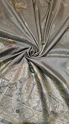 Powder Grey Banarasi Saree with Golden Zari & Meena Elephant-Peacock Motifs Powder Grey Banarasi Saree with Golden Zari & Meena Elephant-Peacock Motifs