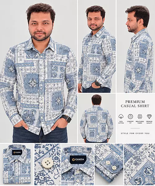 Blue White Patchwork Paisley Print Full Sleeve Cotton Shirt