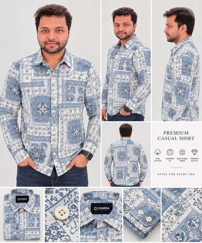 Blue White Patchwork Paisley Print Full Sleeve Cotton Shirt