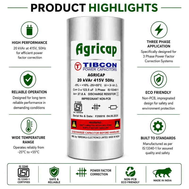 TIBCON 20 KVAR AGRICAP PFC Capacitor | Cylindrical Power Factor Correction (PFC) Capacitor