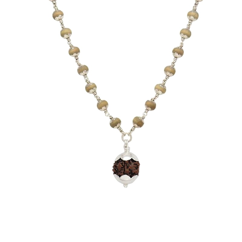 Silver Capped Tulsi Mala with Rudraksham Pendant