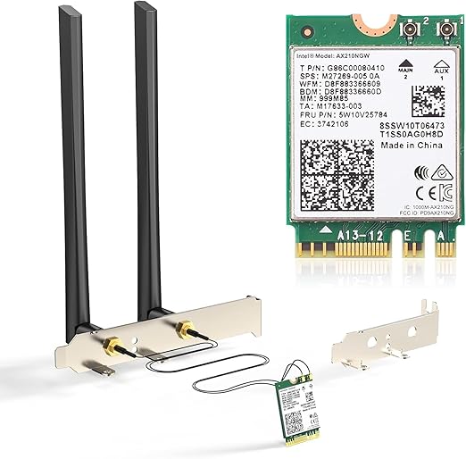 E029 WiFi 6 Wireless Card AX210 NGW Bluetooth 5.3 Dual Band 5400Mbps for Desktop PC Supports Windows 10/11 (64bit) M.2/ NGFF Includes Ipex Cable, 5dBi Antennas and Brackets