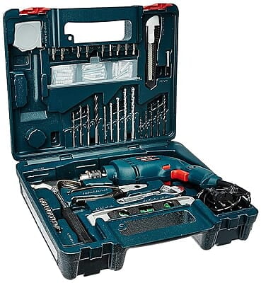 Bosch Professional GSB 10 RE Corded-Electric Drill Tool Set, 10 mm (Blue), 500 Watt, (100 Pc Accessory Set)