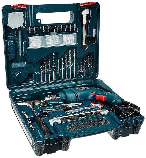 Bosch Professional GSB 10 RE Corded-Electric Drill Tool Set, 10 mm (Blue), 500 Watt, (100 Pc Accessory Set)