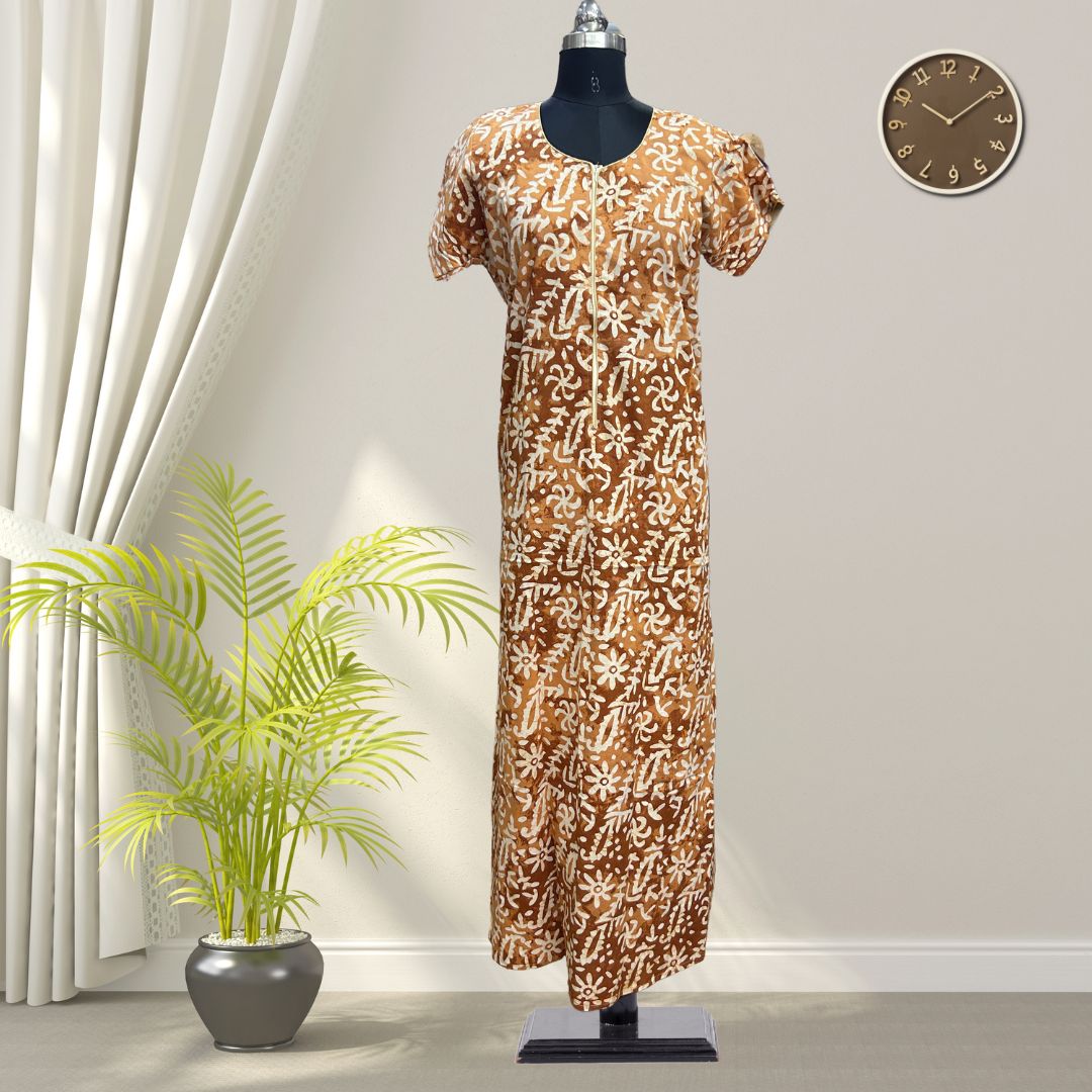 Brown Batik Cotton Nighty With All Over From Libas Loungewear - AL1091 Brown Batik Cotton Nighty With All Over From Libas Loungewear - AL1091