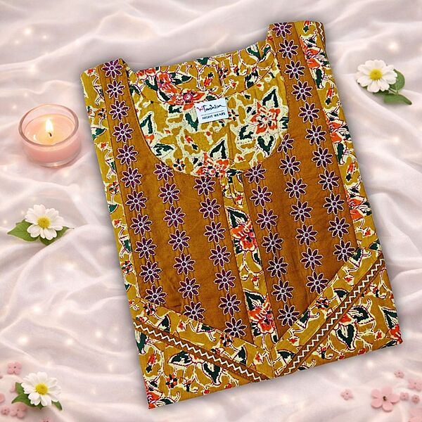 Mustard Yellow Cotton Nighty With Geometric Print All Over From Libas Loungewear - AL1140