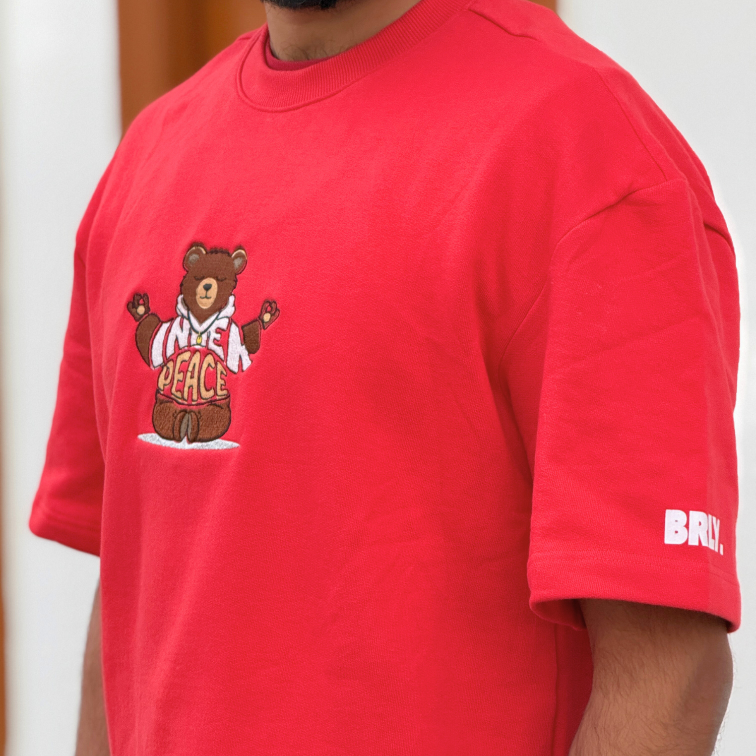 Unisex Red Inner Peace Embroidered Oversized Tee