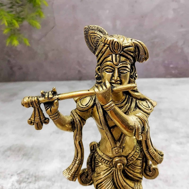 Brass Super Fine Krishna Idol - 8.5 inch Height | Exquisite Brass Krishna Sculpture for Devotees