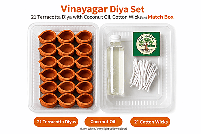 Vinayagar Diya Set – 21 Terracotta Diyas with Coconut Oil, Cotton Wicks & Match Box