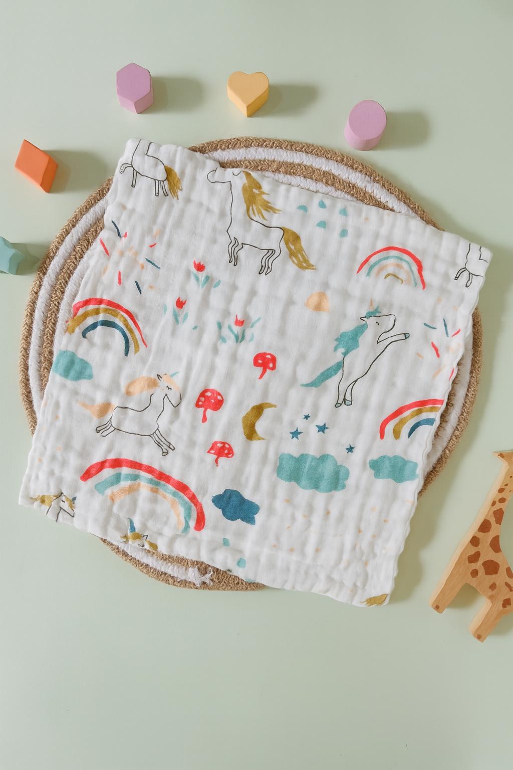 6 Layer Muslin Wash cloth / Face towel - White Printed - Pack of 5 (Assorted)