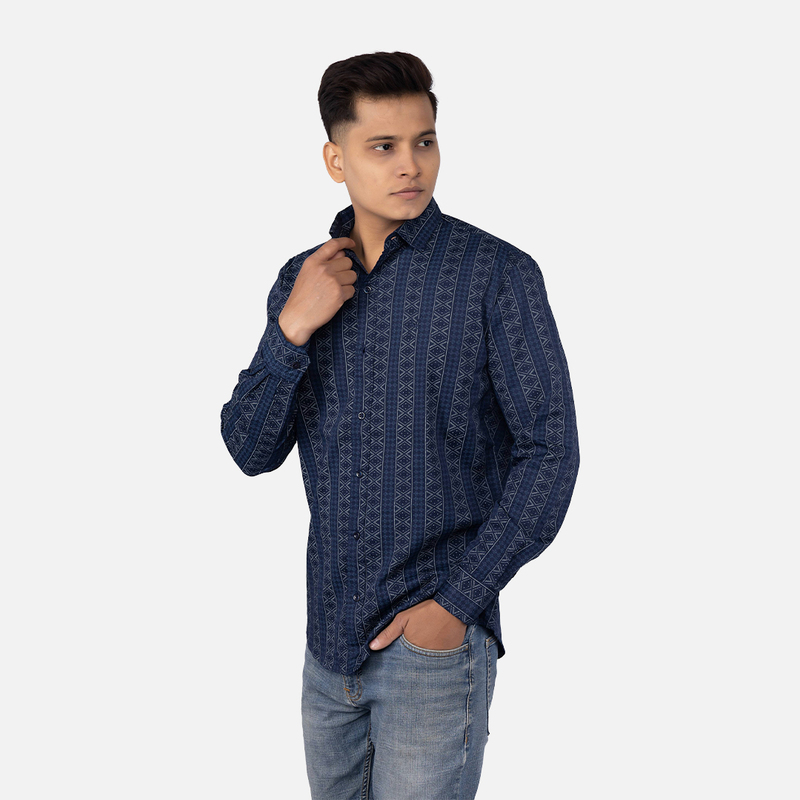 Men Midnight Blue Geometric  Printed Casual Shirt