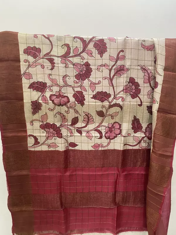 Pink Floral Tussar Silk Saree | Elegant Handloom Cream & Pink Silk Saree