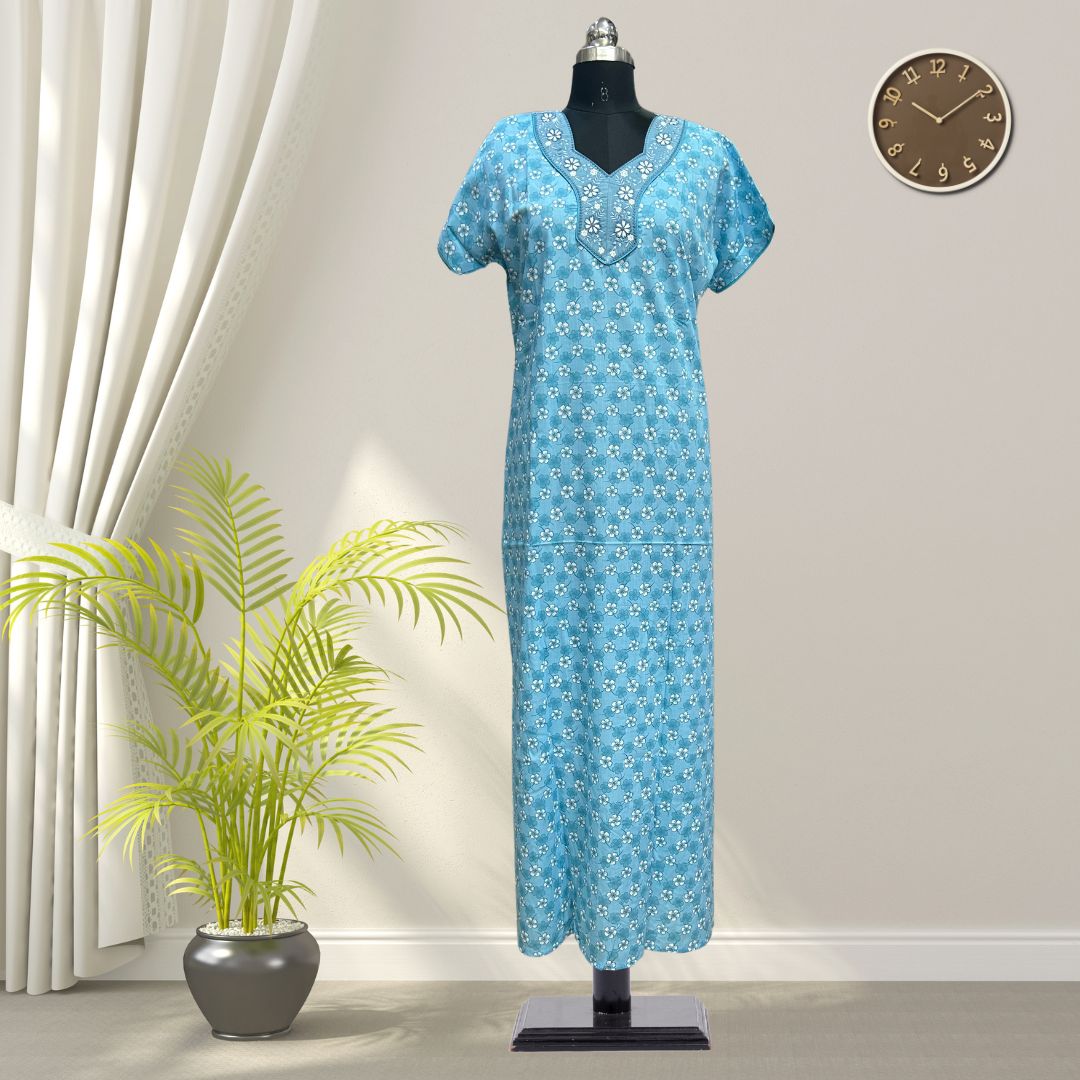 Aqua Blue Soft Cotton Nighty With All Over From Libas Loungewear - AL1112