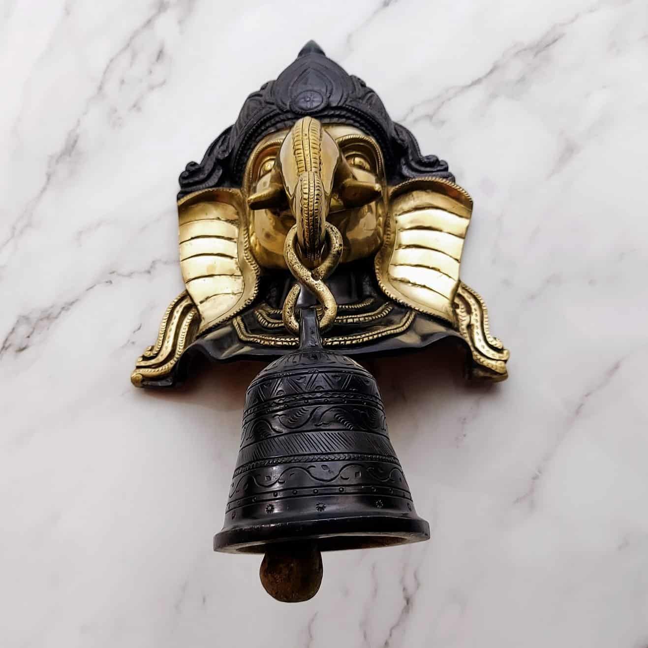 Brass Ganesha Wall Hanging with Bell - 8.5 inch Height | Auspicious Brass Ganesha Wall Decor with Bell