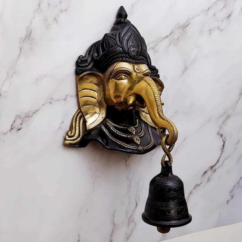 Brass Ganesha Wall Hanging with Bell - 8.5 inch Height | Auspicious Brass Ganesha Wall Decor with Bell