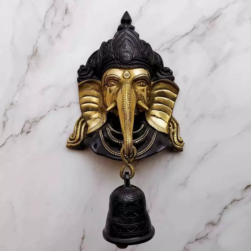 Brass Ganesha Wall Hanging with Bell - 8.5 inch Height | Auspicious Brass Ganesha Wall Decor with Bell