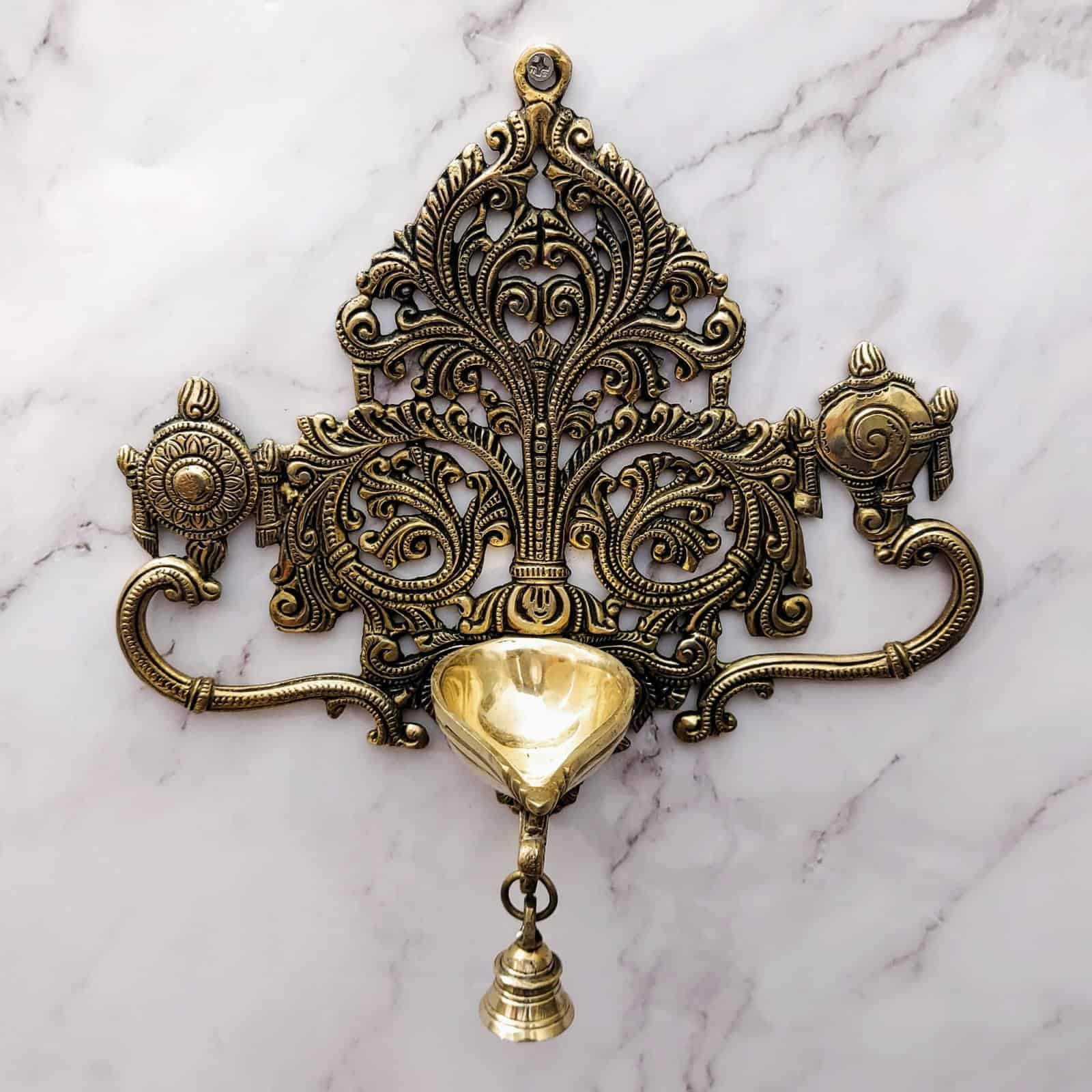 Brass Wall Hanging Shanku Chakra Diya with Bell - 11.5 inch Height | Divine Brass Shanku Chakra Diya with Bell