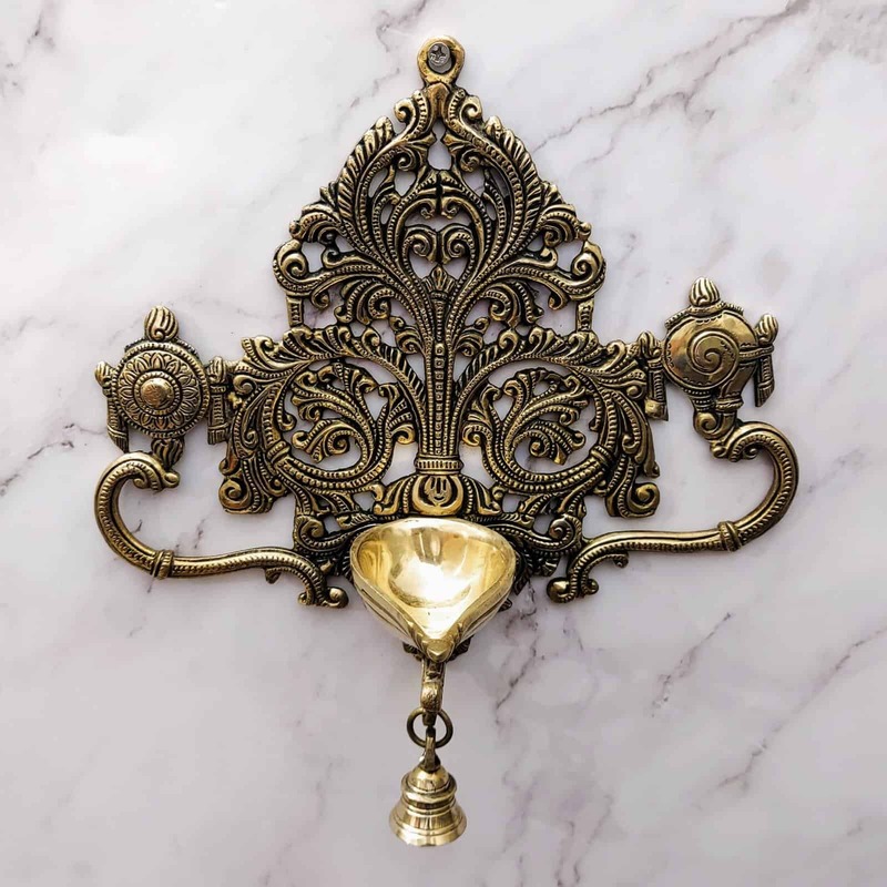 Brass Wall Hanging Shanku Chakra Diya with Bell - 11.5 inch Height | Divine Brass Shanku Chakra Diya with Bell