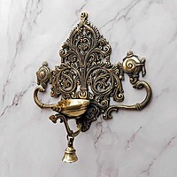 Brass Wall Hanging Shanku Chakra Diya with Bell - 11.5 inch Height | Divine Brass Shanku Chakra Diya with Bell