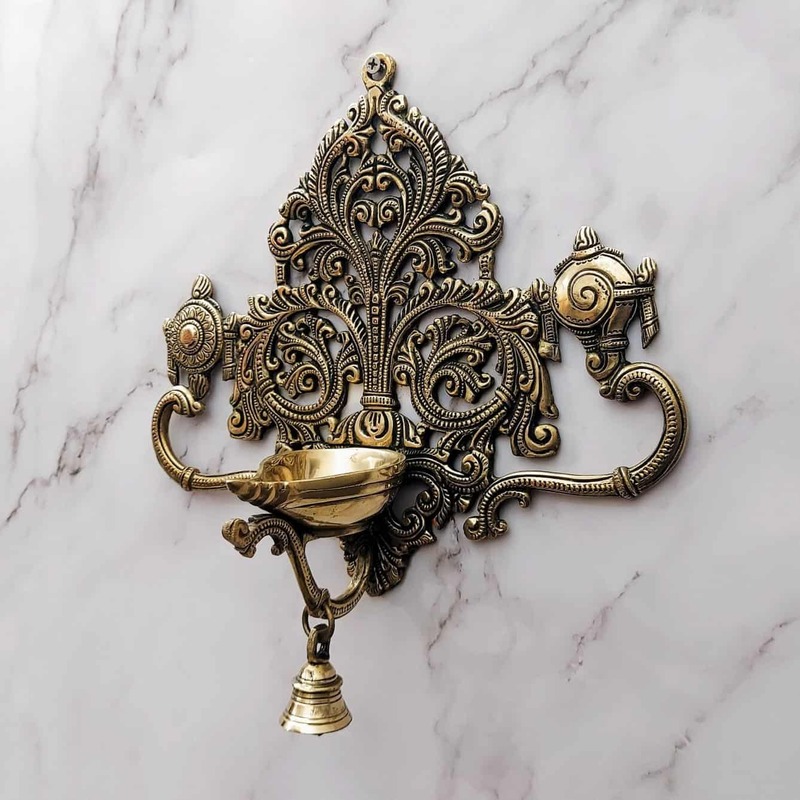 Brass Wall Hanging Shanku Chakra Diya with Bell - 11.5 inch Height | Divine Brass Shanku Chakra Diya with Bell