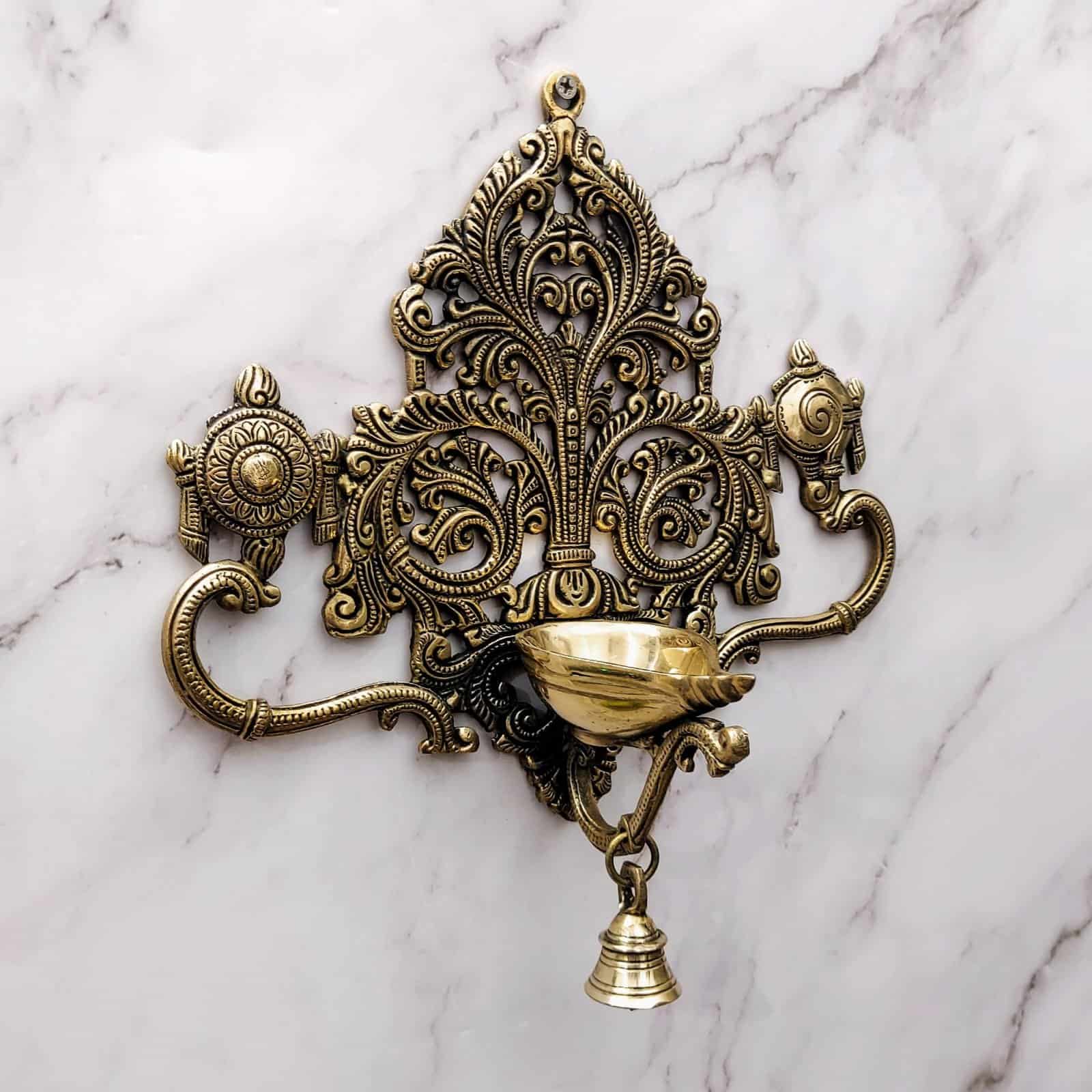 Brass Wall Hanging Shanku Chakra Diya with Bell - 11.5 inch Height | Divine Brass Shanku Chakra Diya with Bell