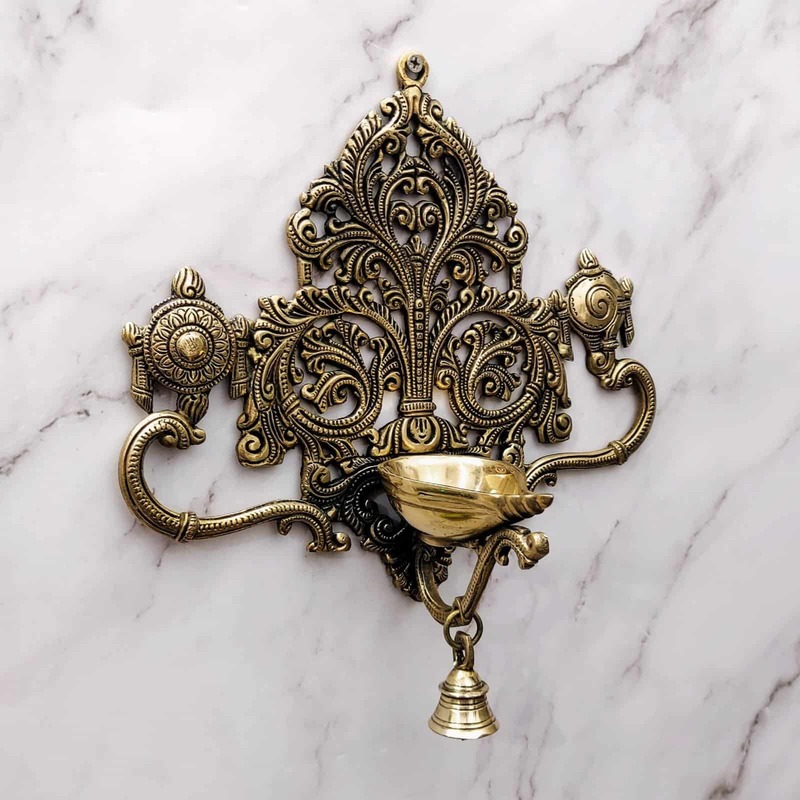 Brass Wall Hanging Shanku Chakra Diya with Bell - 11.5 inch Height | Divine Brass Shanku Chakra Diya with Bell