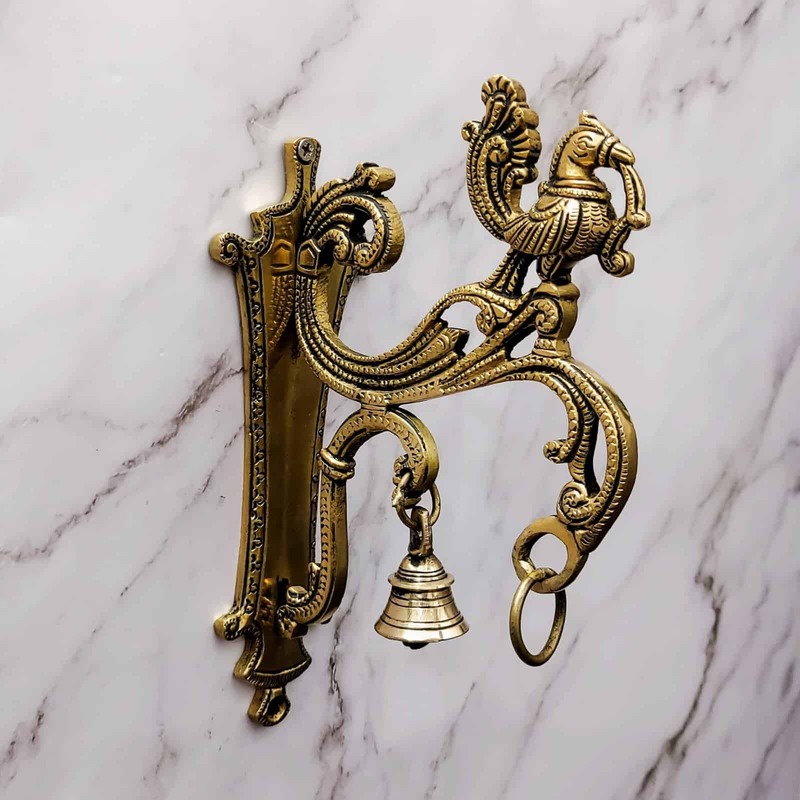 Brass Wall Mount Peacock Bracket with Bell and Hook for Hanging - 8.5 inch Height | Decorative Brass Peacock Bracket with Bell and Hook