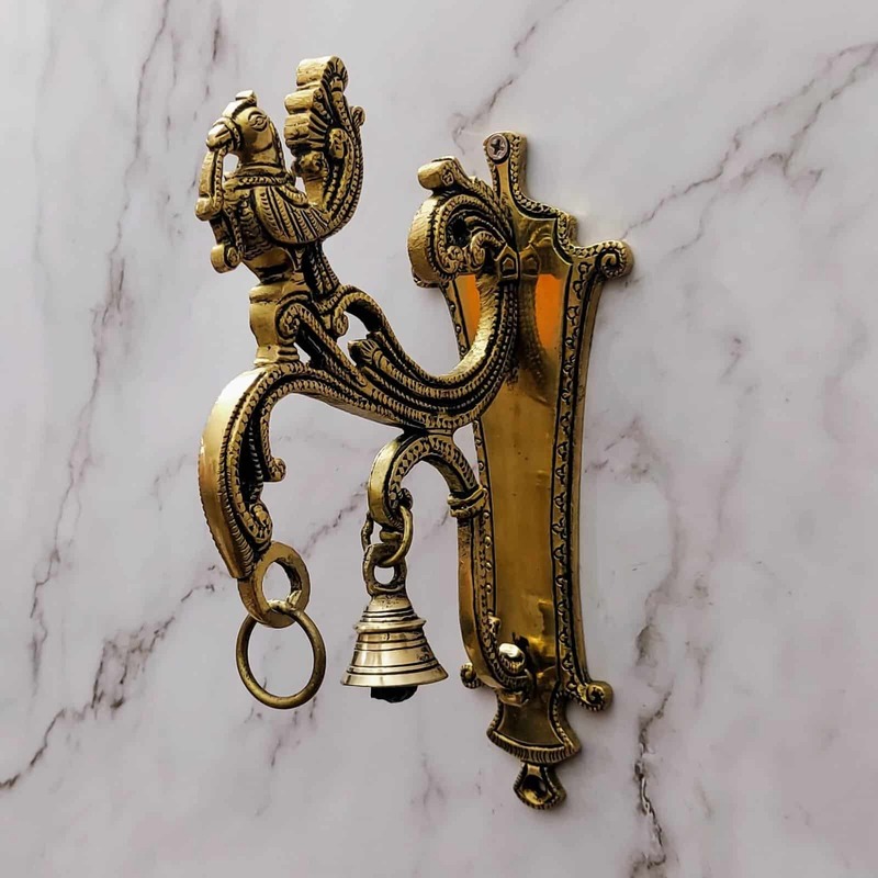 Brass Wall Mount Peacock Bracket with Bell and Hook for Hanging - 8.5 inch Height | Decorative Brass Peacock Bracket with Bell and Hook