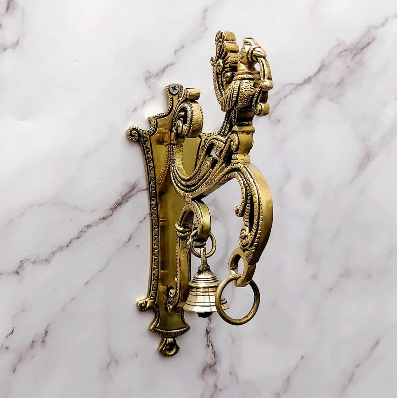 Brass Wall Mount Peacock Bracket with Bell and Hook for Hanging - 8.5 inch Height | Decorative Brass Peacock Bracket with Bell and Hook
