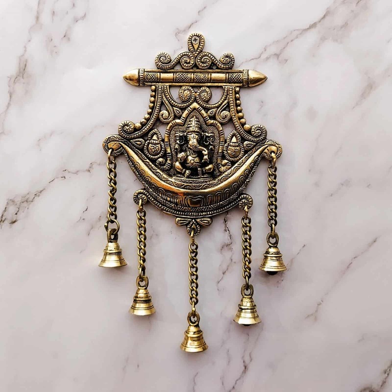 Brass Ganesha Wall Decor with Bells - 13 inch Height | Auspicious Brass Ganesha Wall Hanging with Bells
