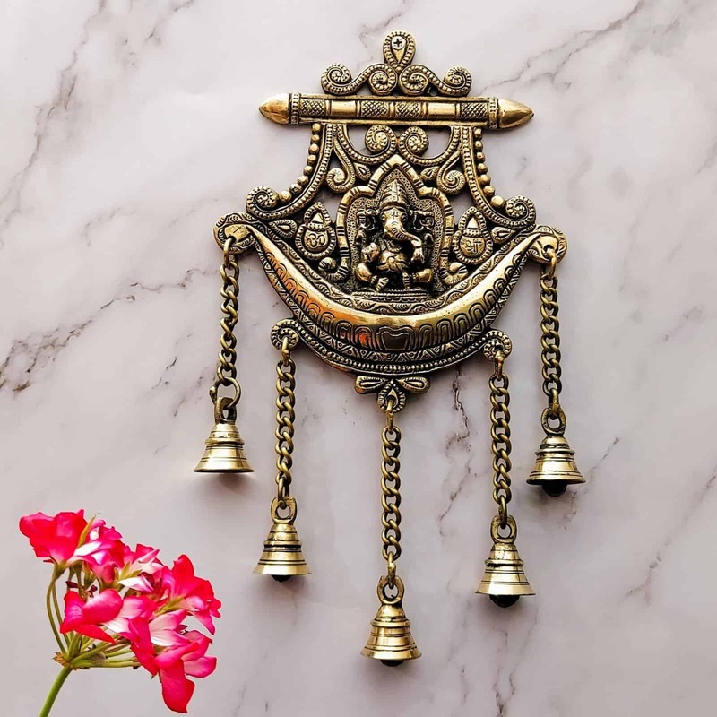 Brass Ganesha Wall Decor with Bells - 13 inch Height | Auspicious Brass Ganesha Wall Hanging with Bells