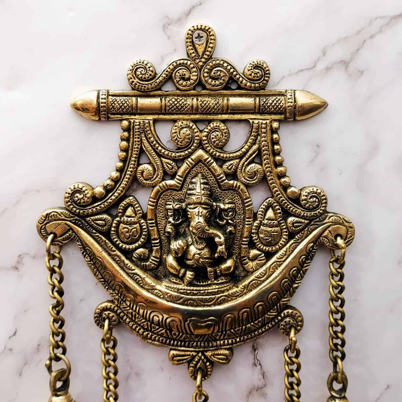 Brass Ganesha Wall Decor with Bells - 13 inch Height | Auspicious Brass Ganesha Wall Hanging with Bells