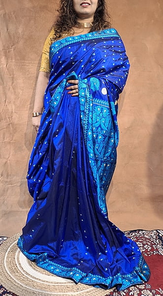 Authentic Assam Paat Silk Saree with Royal Blue and Aubergine Purple Combination
