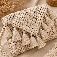 Natural Ivory Macrame Clutch with Gold Tassels & Diamond Weave Panel