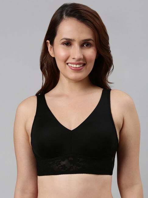 Enamor  V Neck Plush Lined Non-Padded Wirefree Full Coverage Bralette F108 Black 34B