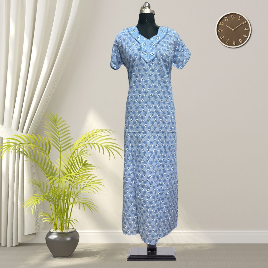 Blue Soft Cotton Nighty With All Over From Libas Loungewear - AL1111