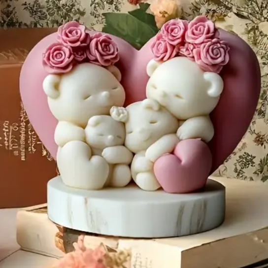 Silicon Mold Candle Teddy Bears Family With Heart