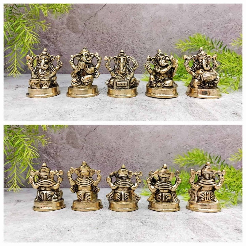 Brass Ganesha Musical Set - 2.5 inch Height | Musical Brass Ganesha Idol Set