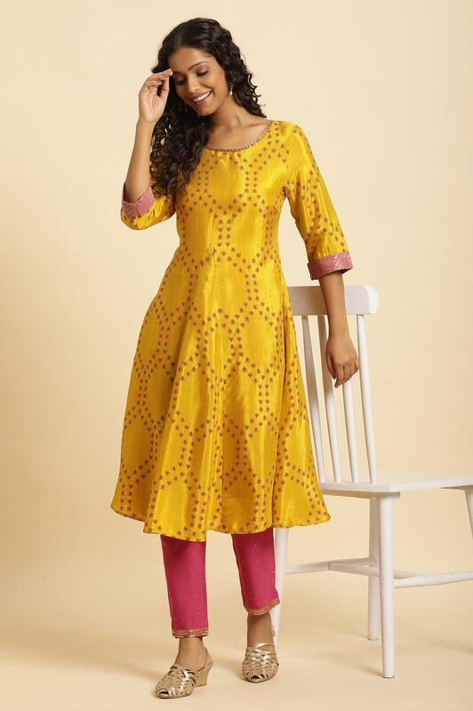 Yellow Geometric Printed A-Line Kurti