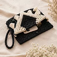 Black & Ivory Macrame Clutch with Gold Tassels & Diamond Weave Panel